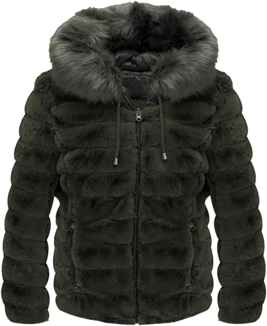Geschallino Women's Faux Fur Coat Fleece Reversible Sherpa Fuzzy Winter Puffer Jacket (Available in Plus Size)