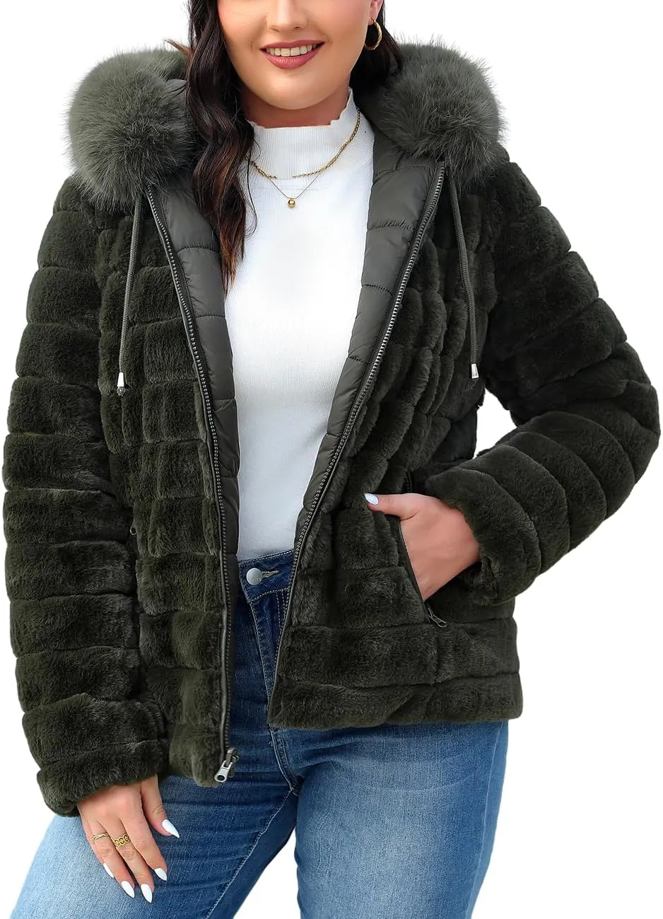 Geschallino Women's Faux Fur Coat Fleece Reversible Sherpa Fuzzy Winter Puffer Jacket (Available in Plus Size)