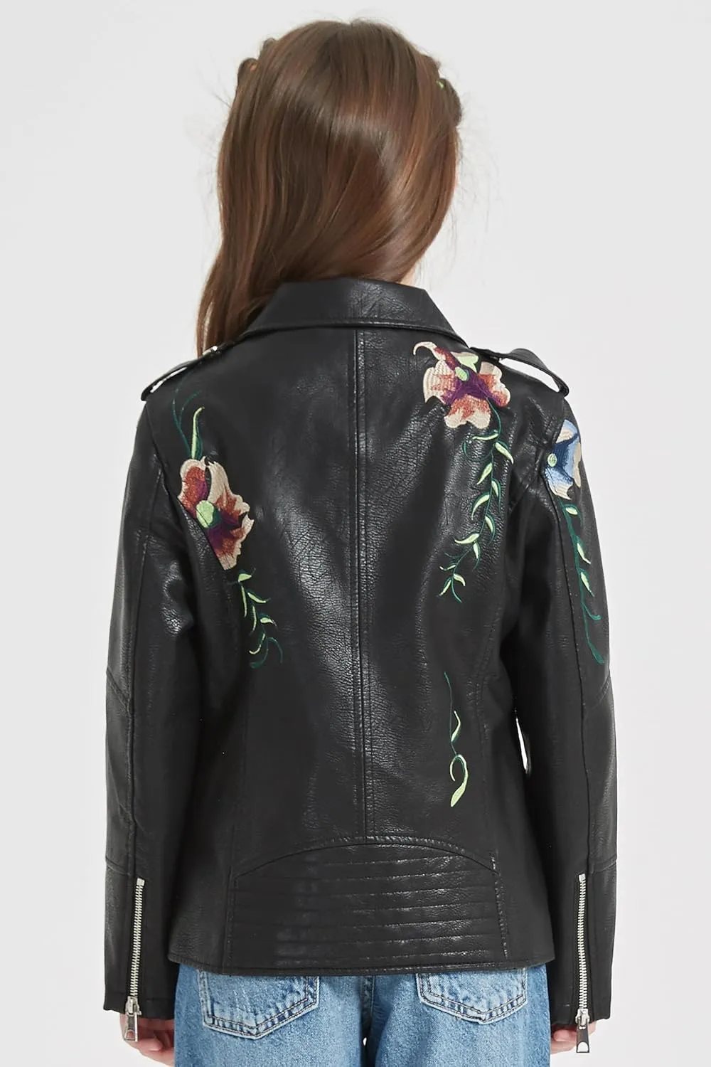 Giolshon 2024 Fall Girls Faux Leather Jacket for Kids PU Motorcycle Biker Outwear Children's Slim Coat