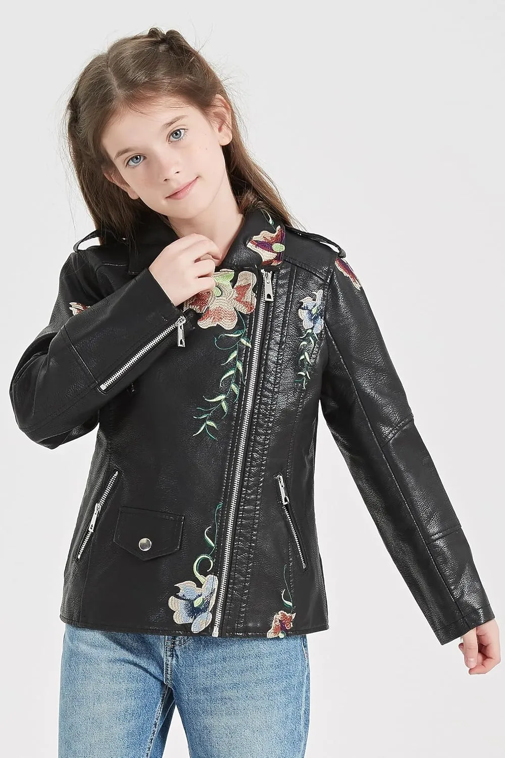 Giolshon 2024 Fall Girls Faux Leather Jacket for Kids PU Motorcycle Biker Outwear Children's Slim Coat