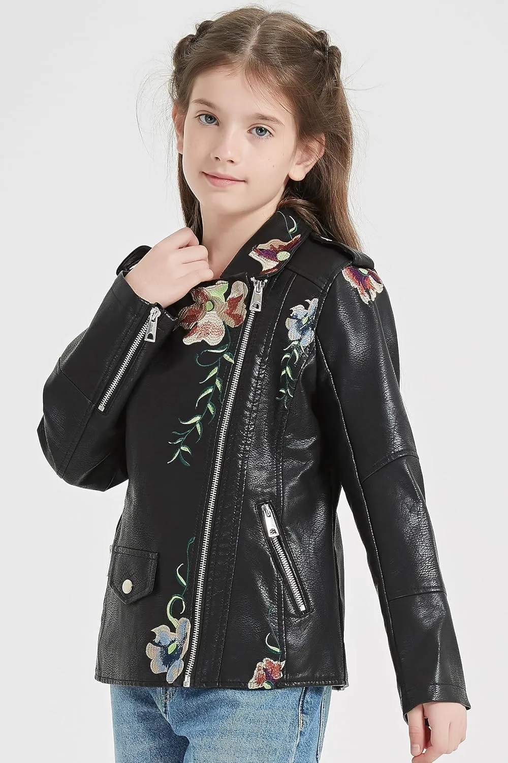 Giolshon 2024 Fall Girls Faux Leather Jacket for Kids PU Motorcycle Biker Outwear Children's Slim Coat