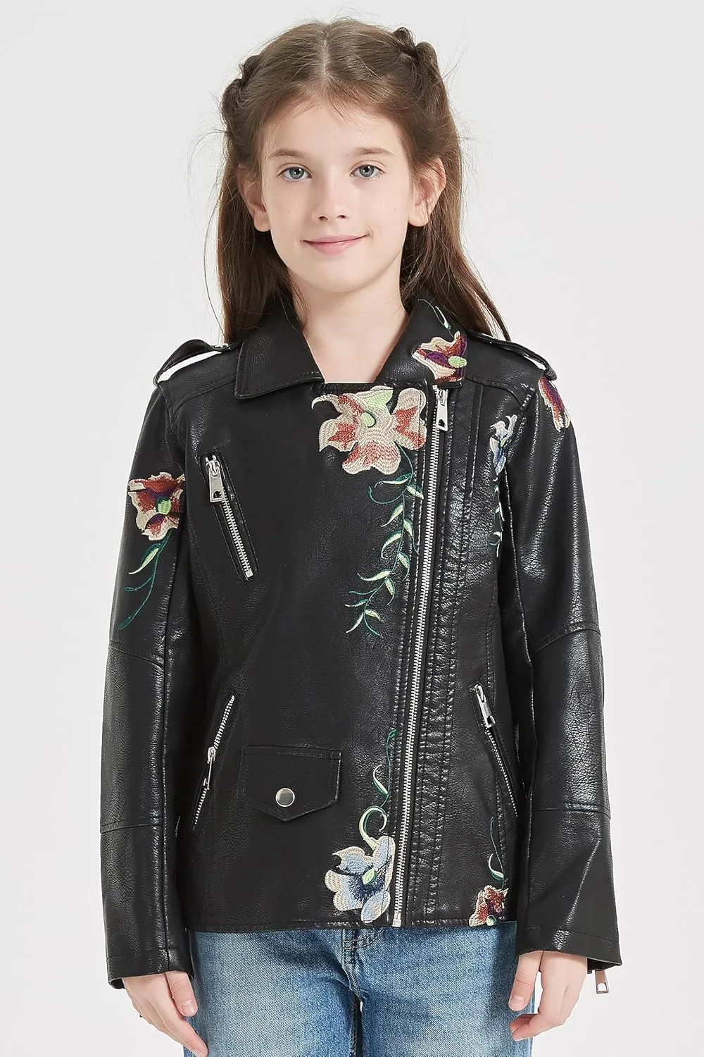 Giolshon 2024 Fall Girls Faux Leather Jacket for Kids PU Motorcycle Biker Outwear Children's Slim Coat