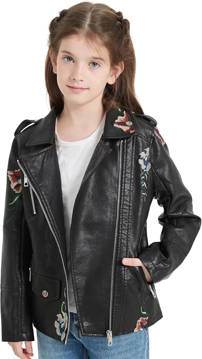Giolshon 2024 Fall Girls Faux Leather Jacket for Kids PU Motorcycle Biker Outwear Children's Slim Coat