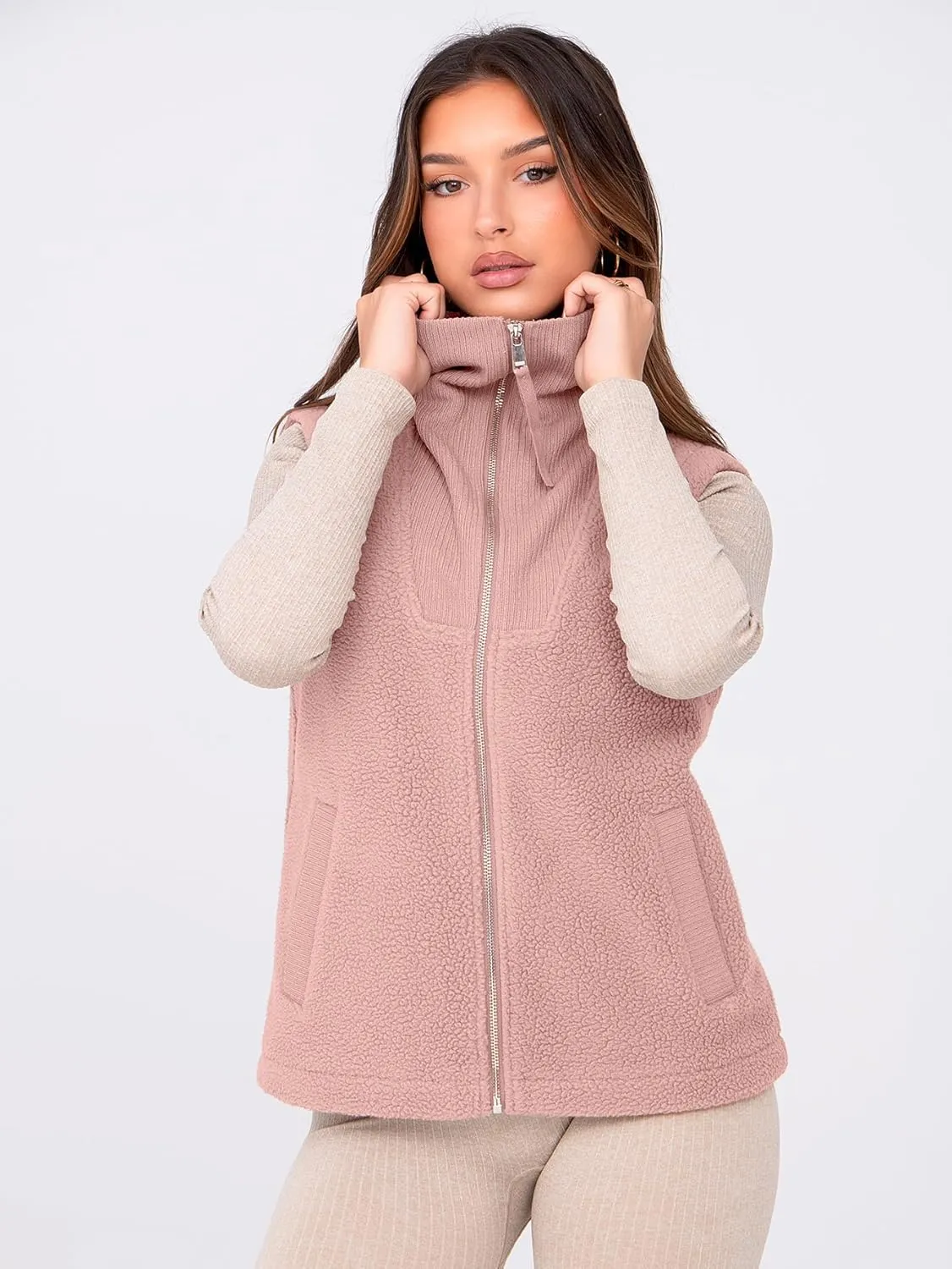 Glamaker Womens Fleece Vest Top Sleeveless Fuzzy Zip Up V Neck Sherpa Jacket Casual Outwear with Pocket