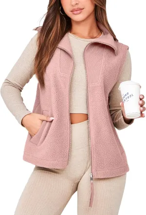 Glamaker Womens Fleece Vest Top Sleeveless Fuzzy Zip Up V Neck Sherpa Jacket Casual Outwear with Pocket
