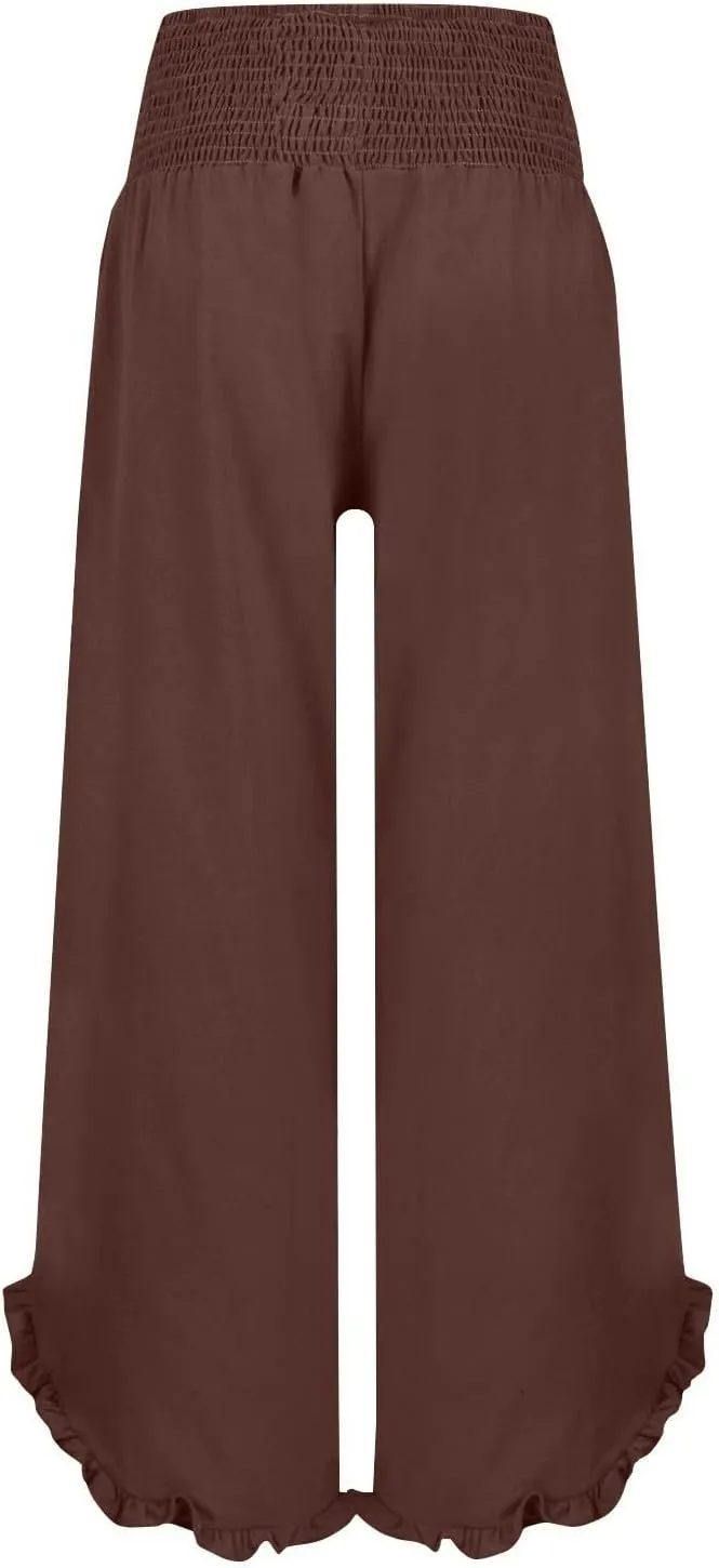 GOFULY Linen Palazzo Pants for Women Wide Leg Cute Summer Trousers Pants High Waisted Elastic Waist Comfy Clothes Pockets