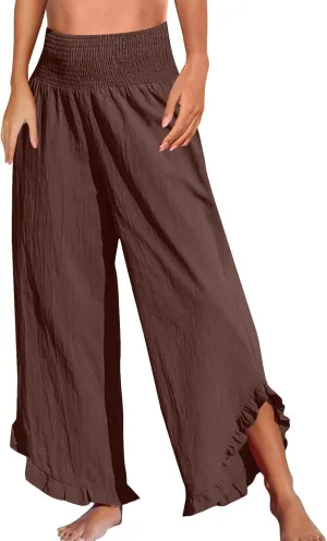 GOFULY Linen Palazzo Pants for Women Wide Leg Cute Summer Trousers Pants High Waisted Elastic Waist Comfy Clothes Pockets