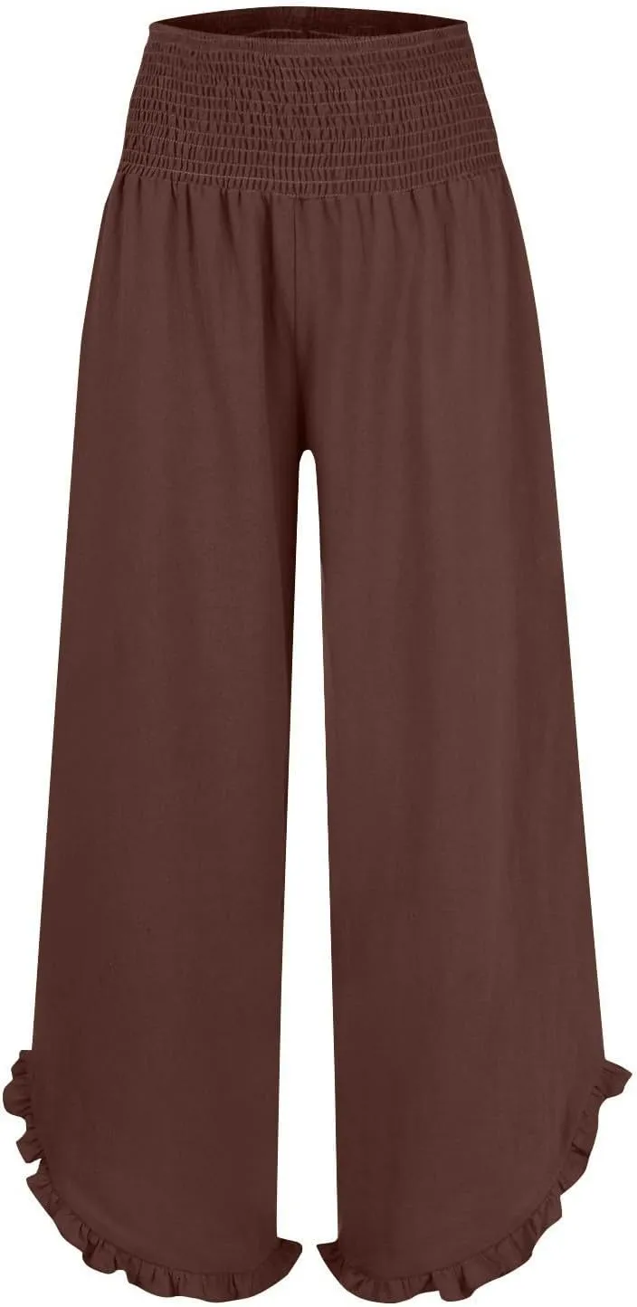 GOFULY Linen Palazzo Pants for Women Wide Leg Cute Summer Trousers Pants High Waisted Elastic Waist Comfy Clothes Pockets