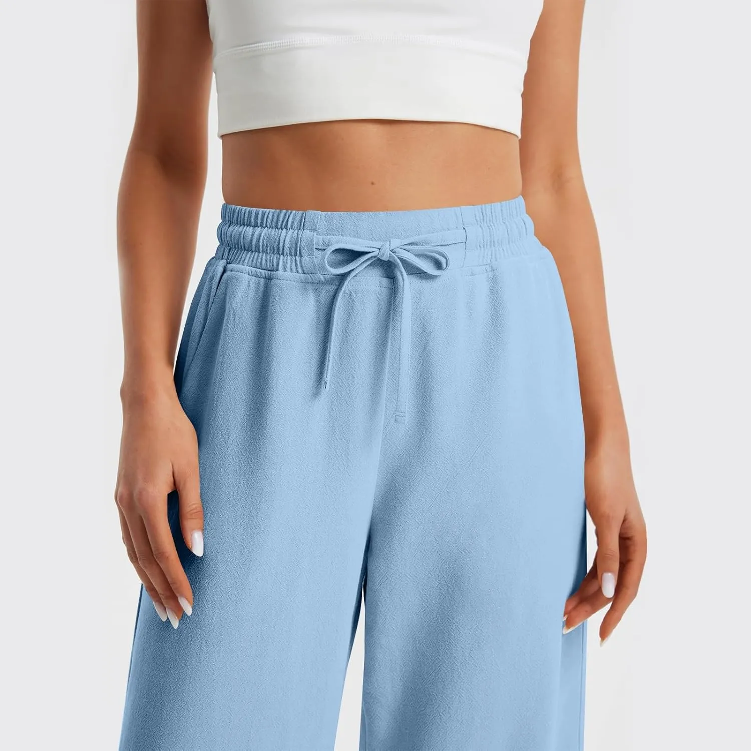 GOFULY Linen Pants Women Wide Leg Trendy High Waisted Pants Casual Drawstring Elastic Waist Baggy Solid Outfits with Pockets