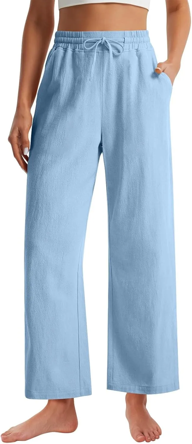 GOFULY Linen Pants Women Wide Leg Trendy High Waisted Pants Casual Drawstring Elastic Waist Baggy Solid Outfits with Pockets