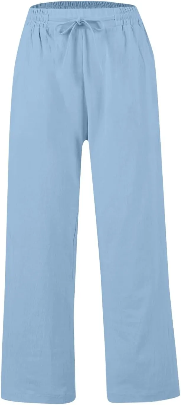 GOFULY Linen Pants Women Wide Leg Trendy High Waisted Pants Casual Drawstring Elastic Waist Baggy Solid Outfits with Pockets