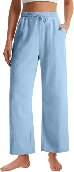 GOFULY Linen Pants Women Wide Leg Trendy High Waisted Pants Casual Drawstring Elastic Waist Baggy Solid Outfits with Pockets