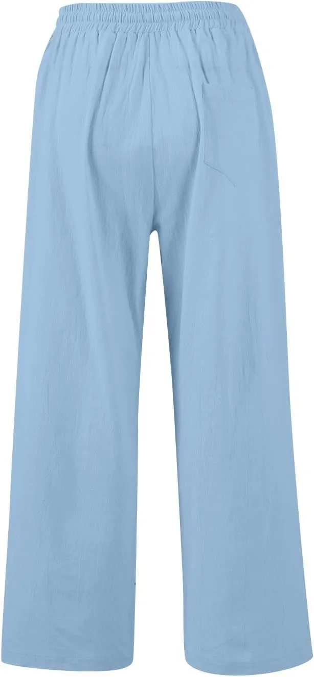 GOFULY Linen Pants Women Wide Leg Trendy High Waisted Pants Casual Drawstring Elastic Waist Baggy Solid Outfits with Pockets