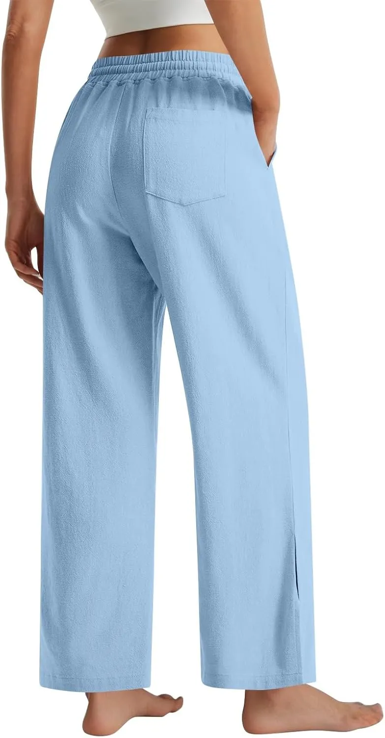 GOFULY Linen Pants Women Wide Leg Trendy High Waisted Pants Casual Drawstring Elastic Waist Baggy Solid Outfits with Pockets