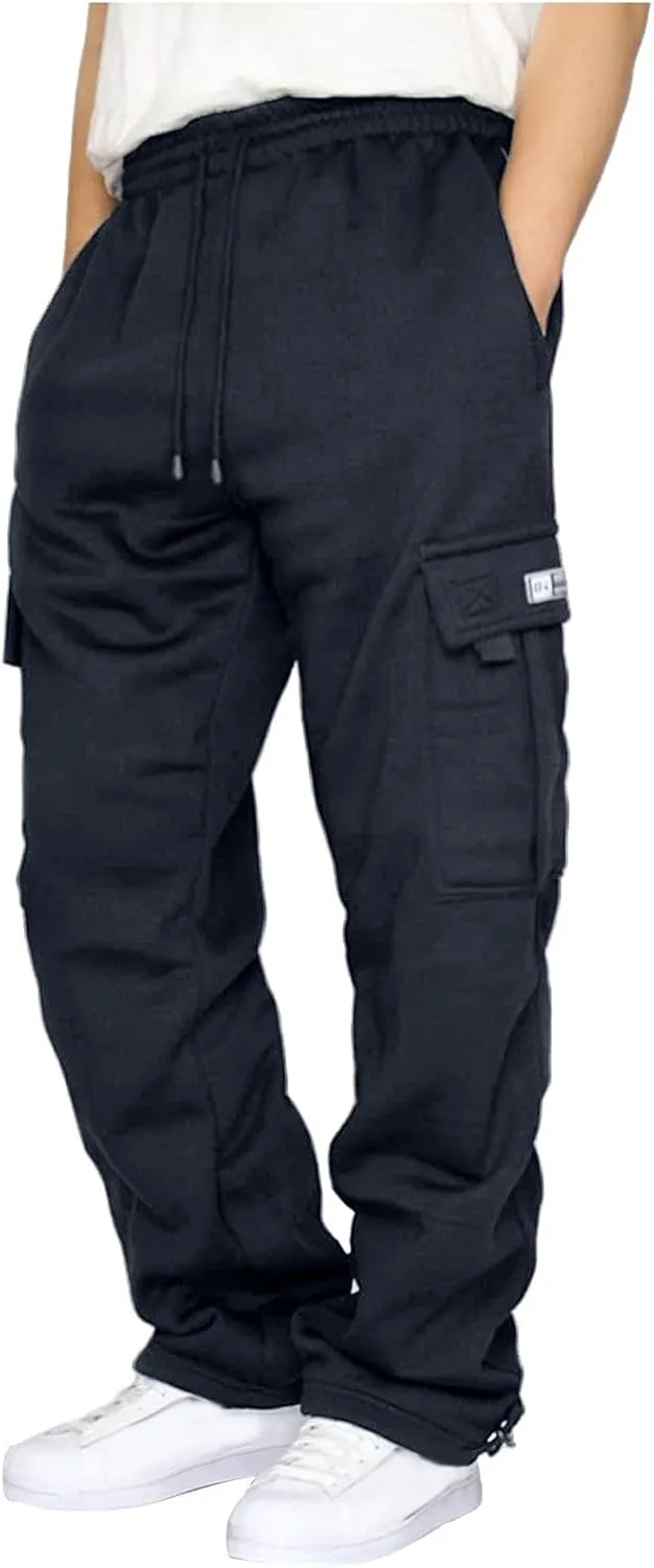 GOFULY Men Cargo Pants Fleece Elastic Waist Drawstring Baggy Pants Casual Sweatpants with Pockets Outdoor Joggers Trousers