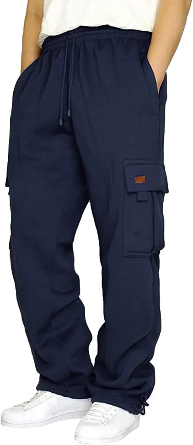 GOFULY Men Cargo Pants Fleece Elastic Waist Drawstring Baggy Pants Casual Sweatpants with Pockets Outdoor Joggers Trousers