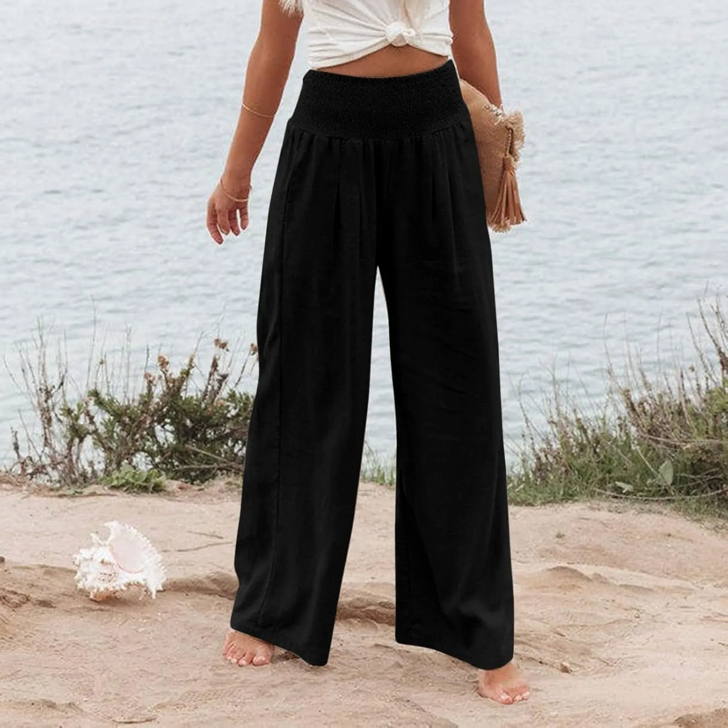 GOFULY Wide Leg Linen Pants Women High Waisted Trendy Summer Elastic Waist Palazzo Pants with Pockets Slim Fit Solid Clothes