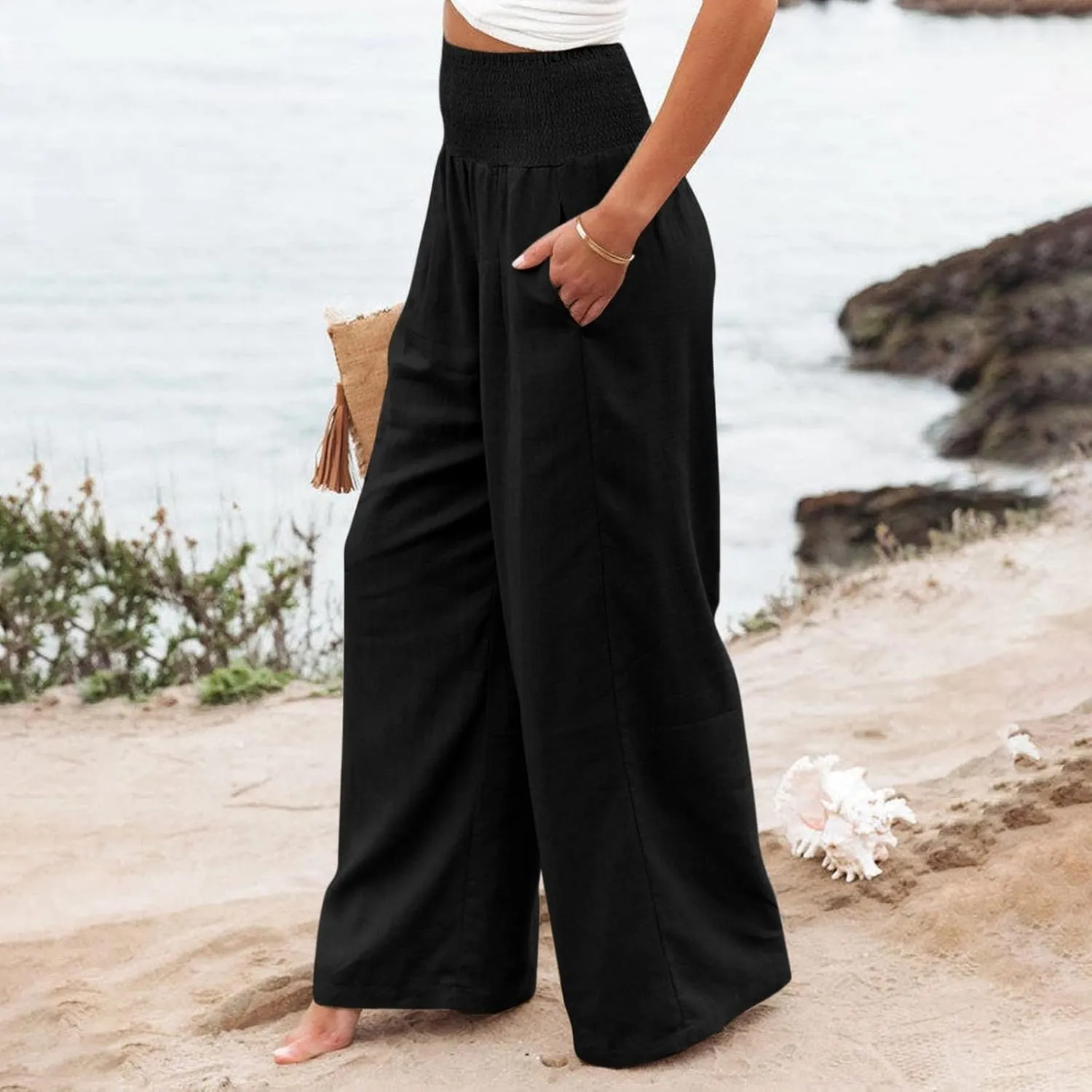 GOFULY Wide Leg Linen Pants Women High Waisted Trendy Summer Elastic Waist Palazzo Pants with Pockets Slim Fit Solid Clothes