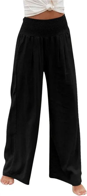 GOFULY Wide Leg Linen Pants Women High Waisted Trendy Summer Elastic Waist Palazzo Pants with Pockets Slim Fit Solid Clothes