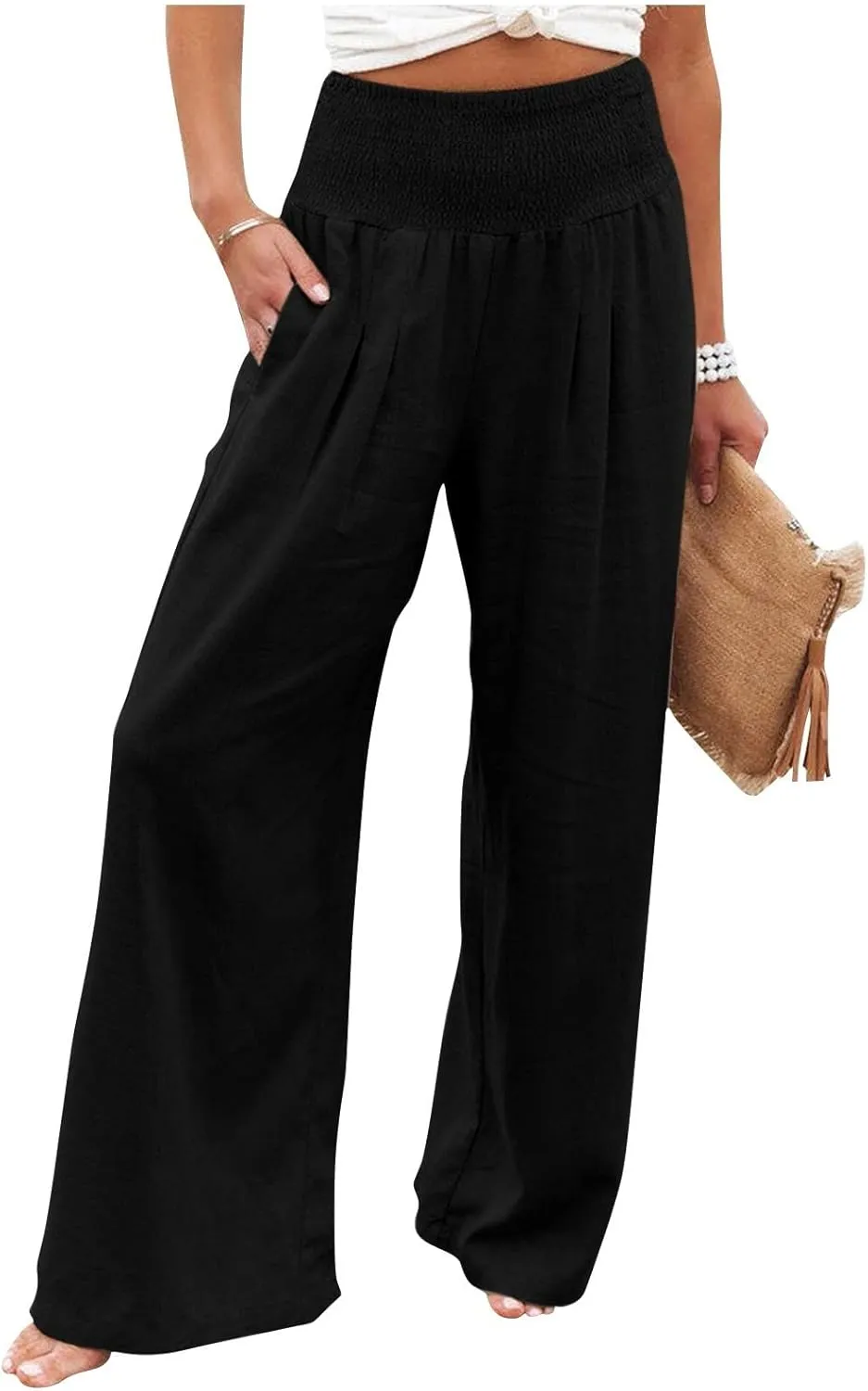 GOFULY Wide Leg Linen Pants Women High Waisted Trendy Summer Elastic Waist Palazzo Pants with Pockets Slim Fit Solid Clothes