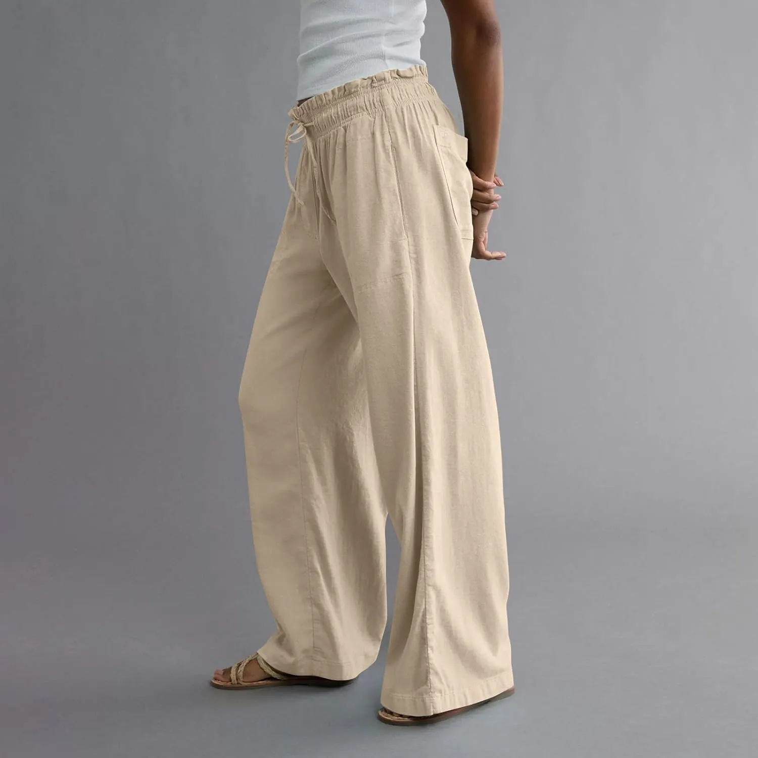 GOFULY Wide Leg Pants for Women Cotton Lined Beach 2025 Elastic Waist Drawstring Summer Pants High Waisted Solid Clothes