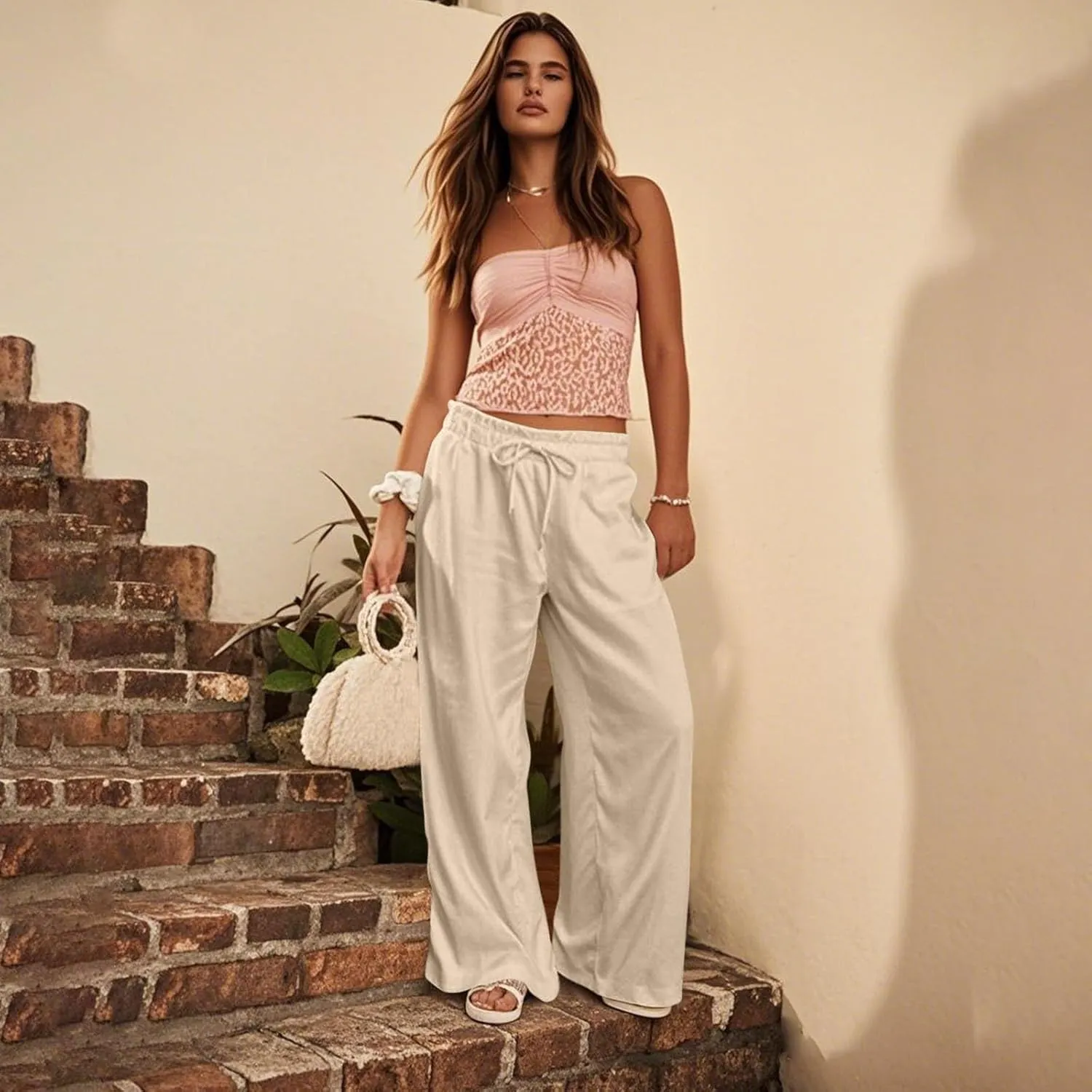 GOFULY Wide Leg Pants for Women Cotton Lined Beach 2025 Elastic Waist Drawstring Summer Pants High Waisted Solid Clothes