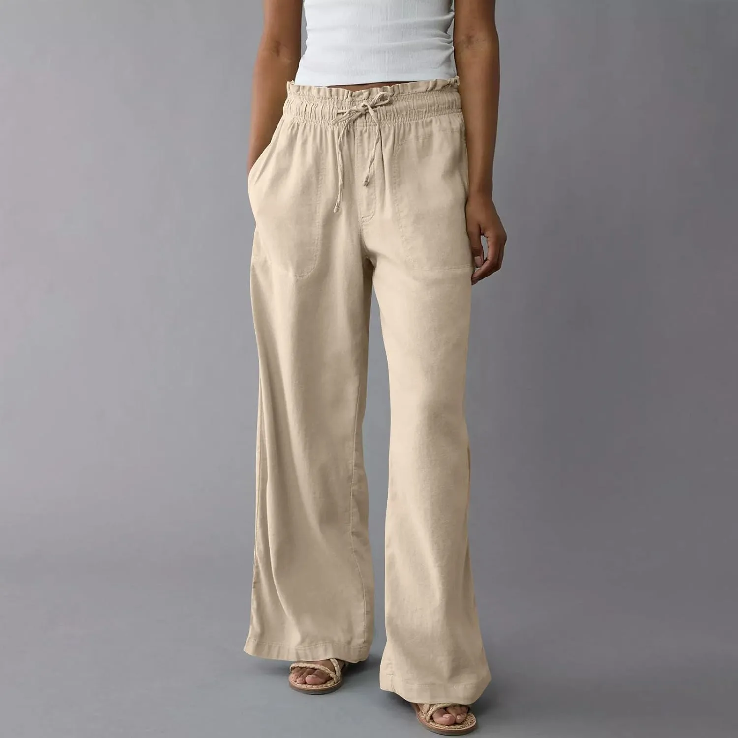 GOFULY Wide Leg Pants for Women Cotton Lined Beach 2025 Elastic Waist Drawstring Summer Pants High Waisted Solid Clothes