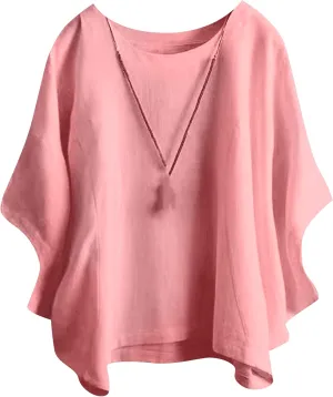 GORIFE Women's Casual Crew Neck Batwing 3/4 Short Sleeve Loose Tunic Pullover Summer Solid Color Cotton Linen T-shirt Tunic
