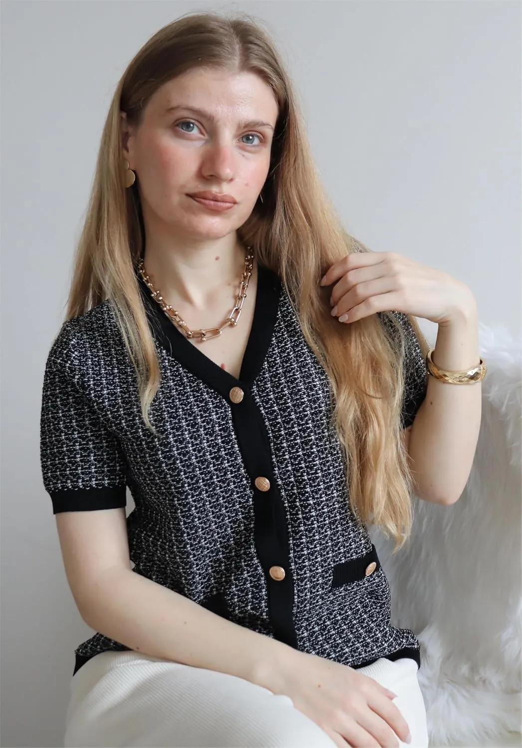 GRACE KARIN Womens Summer Cardigan Sweater 2025 Button Down Short Sleeve Cropped Lightweight V Neck Elegant Tweed Tops