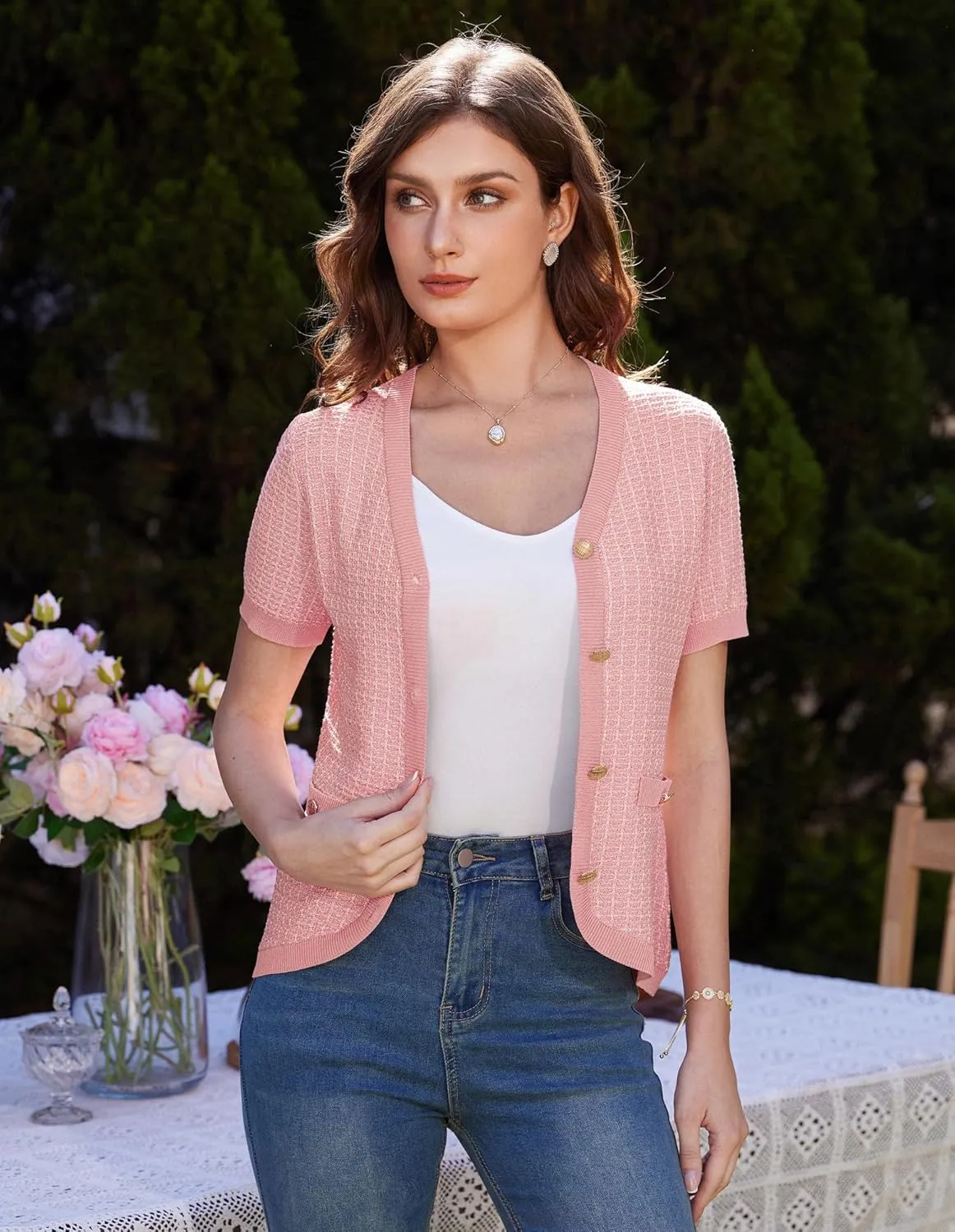 GRACE KARIN Womens Summer Cardigan Sweater 2025 Button Down Short Sleeve Cropped Lightweight V Neck Elegant Tweed Tops