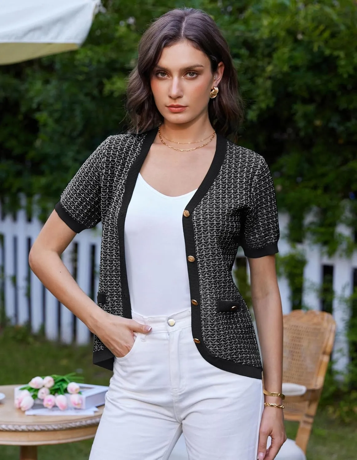 GRACE KARIN Womens Summer Cardigan Sweater 2025 Button Down Short Sleeve Cropped Lightweight V Neck Elegant Tweed Tops