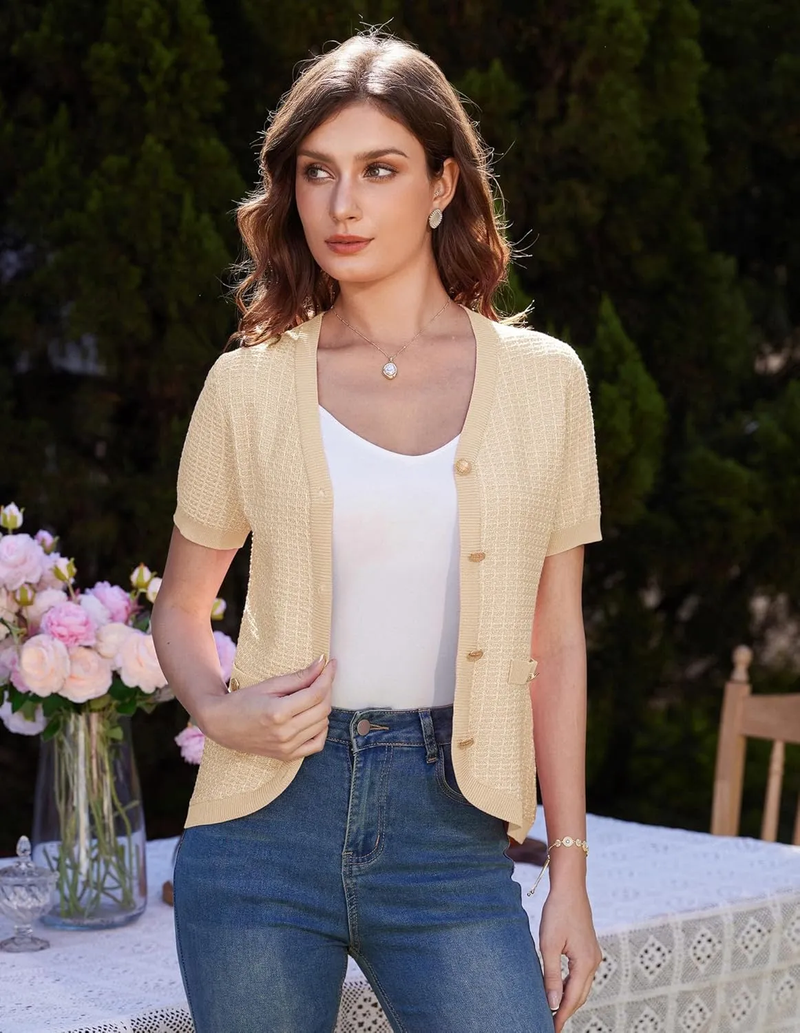 GRACE KARIN Womens Summer Cardigan Sweater 2025 Button Down Short Sleeve Cropped Lightweight V Neck Elegant Tweed Tops