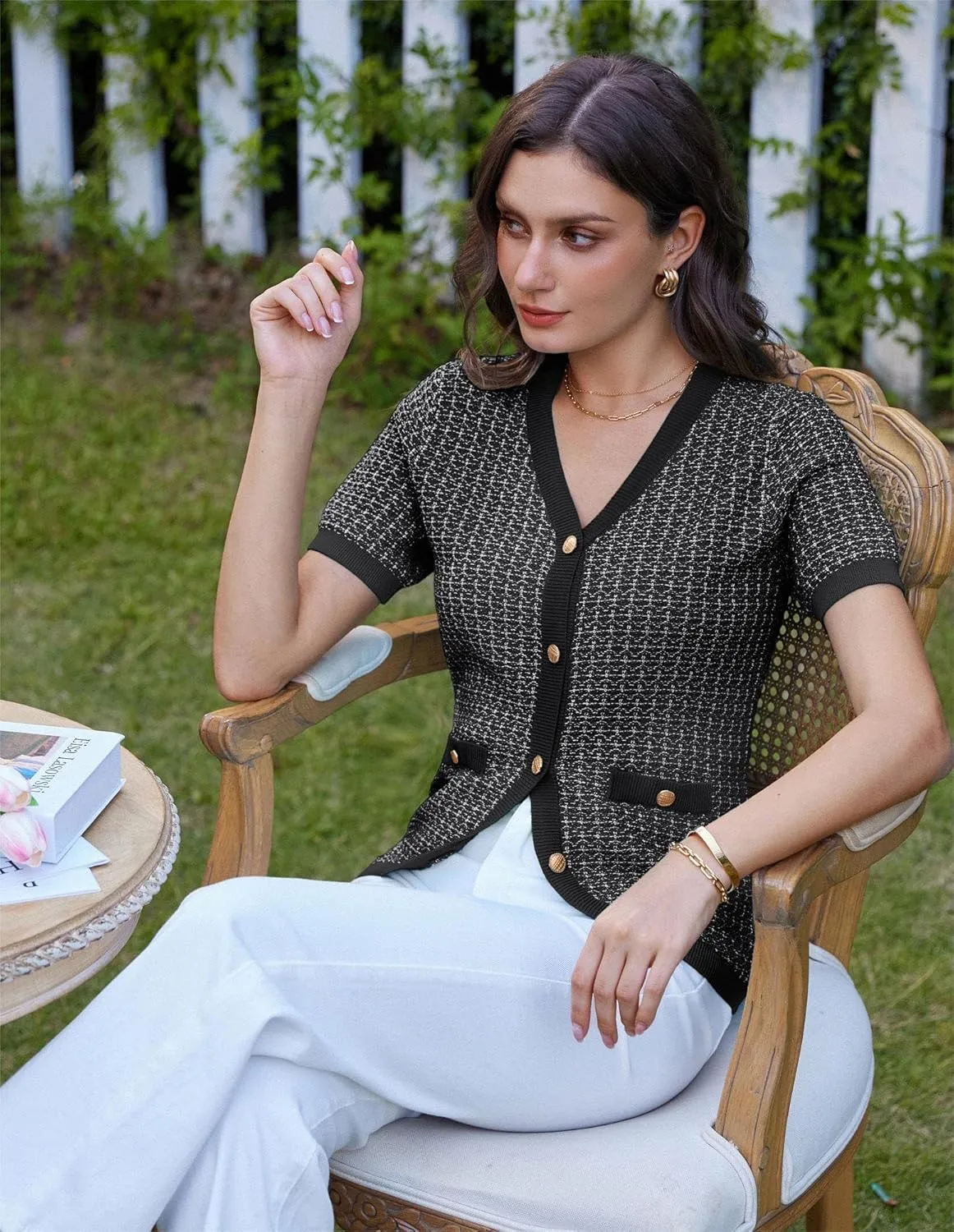 GRACE KARIN Womens Summer Cardigan Sweater 2025 Button Down Short Sleeve Cropped Lightweight V Neck Elegant Tweed Tops
