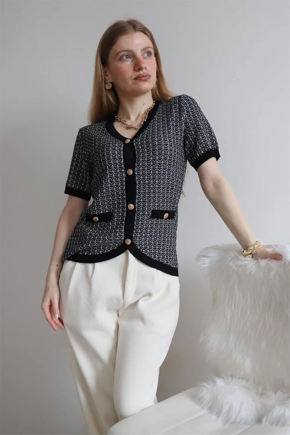 GRACE KARIN Womens Summer Cardigan Sweater 2025 Button Down Short Sleeve Cropped Lightweight V Neck Elegant Tweed Tops