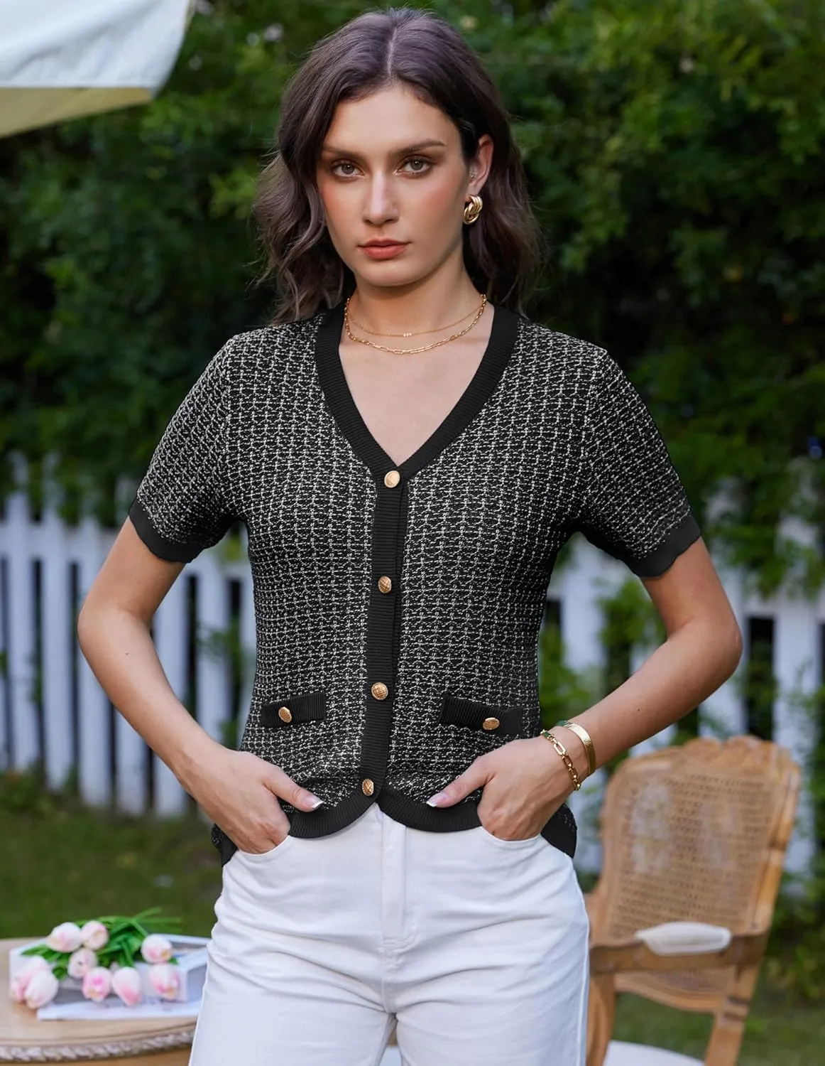GRACE KARIN Womens Summer Cardigan Sweater 2025 Button Down Short Sleeve Cropped Lightweight V Neck Elegant Tweed Tops