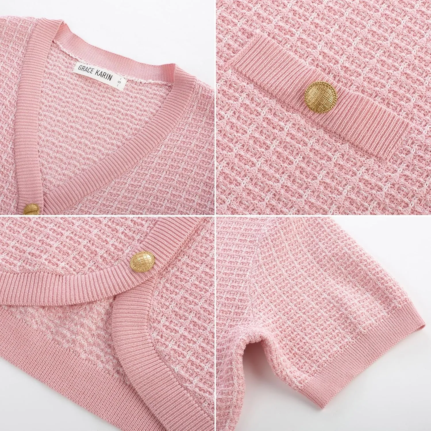 GRACE KARIN Womens Summer Cardigan Sweater 2025 Button Down Short Sleeve Cropped Lightweight V Neck Elegant Tweed Tops