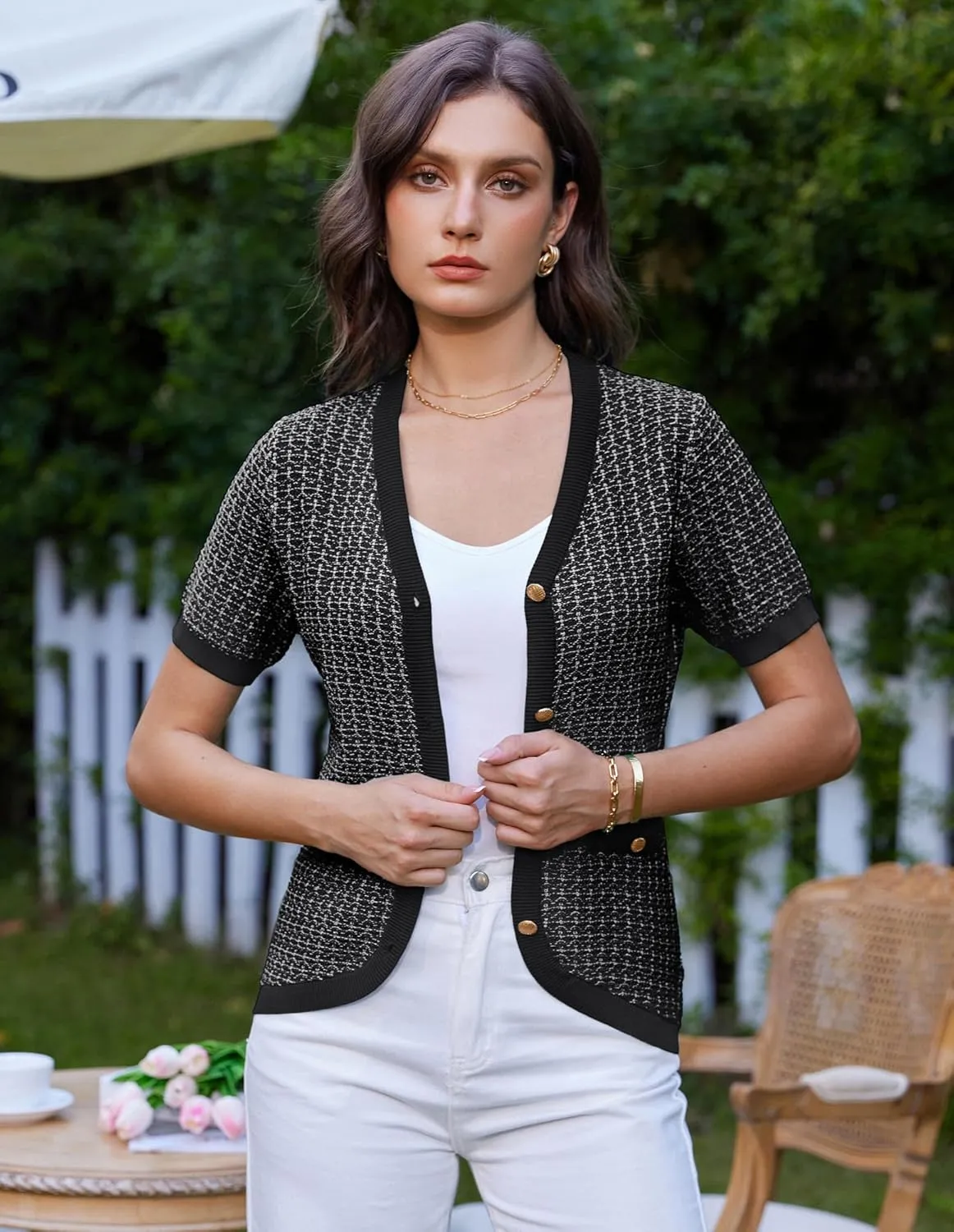 GRACE KARIN Womens Summer Cardigan Sweater 2025 Button Down Short Sleeve Cropped Lightweight V Neck Elegant Tweed Tops