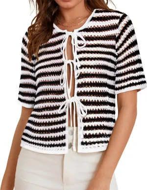 GRACE KARIN Womens Summer Tie Front Cardigan Striped Short Sleeve Sweater Crochet Cropped Tops Casual Beach Coverup