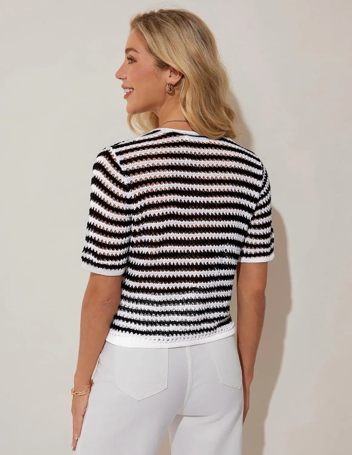 GRACE KARIN Womens Summer Tie Front Cardigan Striped Short Sleeve Sweater Crochet Cropped Tops Casual Beach Coverup