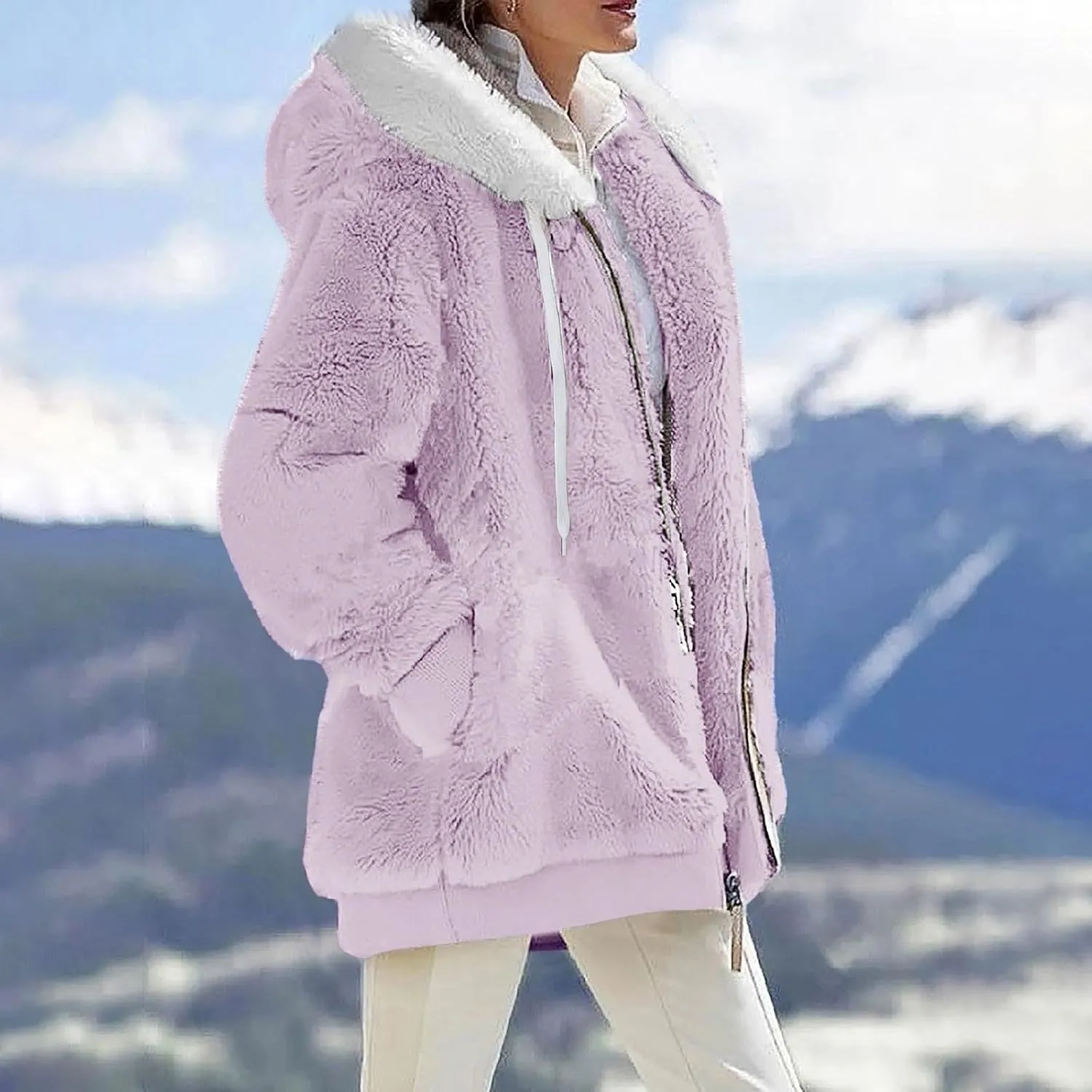 Gumipy Womens Fleece Zip Up Jacket Fuzzy Drawstring Sherpa Jacket Coat with Hood Plus Size Long Sleeve Hoodies with Pockets