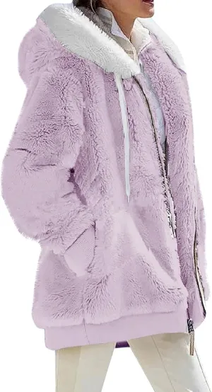 Gumipy Womens Fleece Zip Up Jacket Fuzzy Drawstring Sherpa Jacket Coat with Hood Plus Size Long Sleeve Hoodies with Pockets