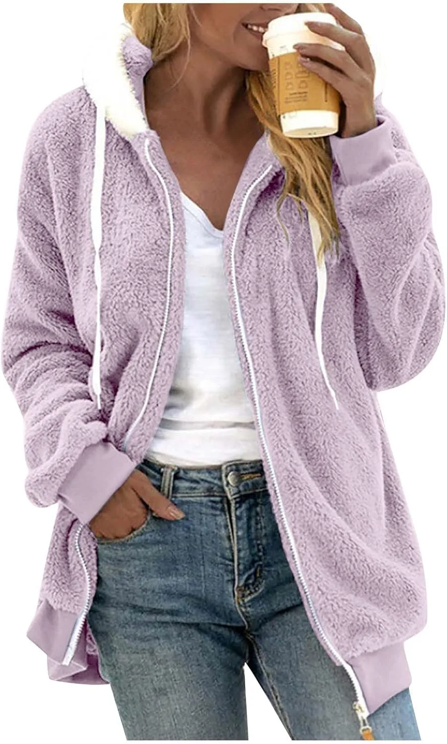 Gumipy Womens Fleece Zip Up Jacket Fuzzy Drawstring Sherpa Jacket Coat with Hood Plus Size Long Sleeve Hoodies with Pockets
