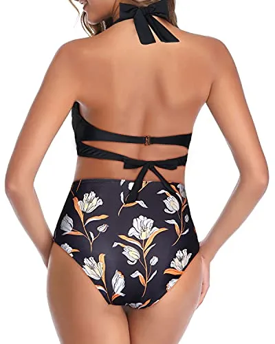 Halter Neck High Waist Bikini Push Up Bra For Women-Black Floral