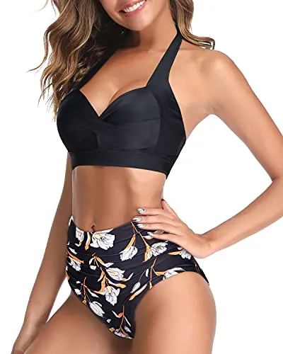 Halter Neck High Waist Bikini Push Up Bra For Women-Black Floral