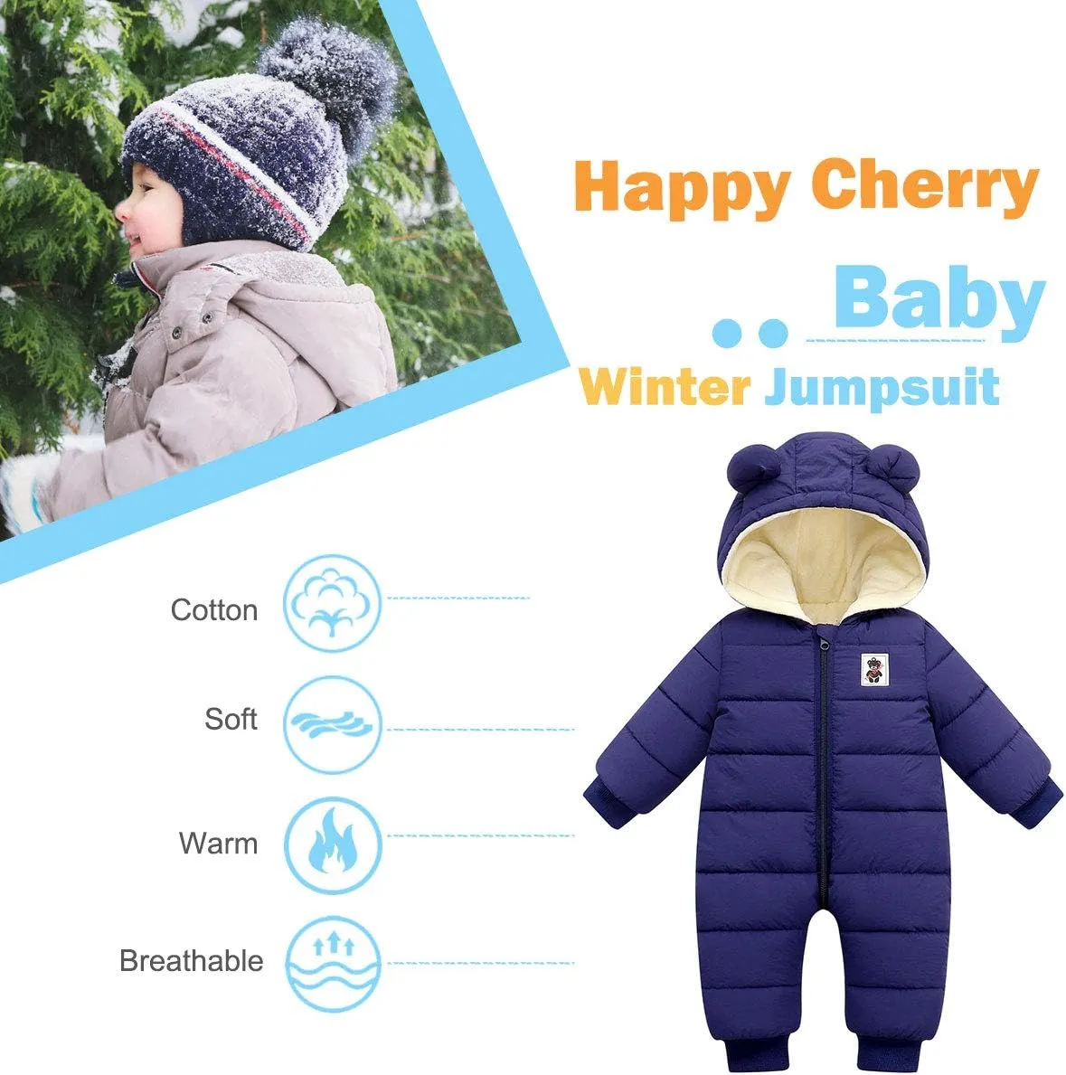 Happy Cherry Baby Snowsuit Winter Coat Warm Hoodie Romper Puffer Jacket
