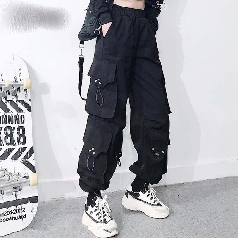 Harem Pants Women Cargo Pants Side Big Pockets Hip Hop Black Elastic Waist Loose Joggers Trousers