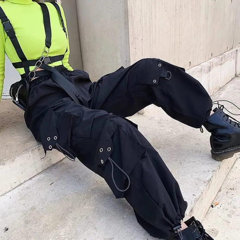Harem Pants Women Cargo Pants Side Big Pockets Hip Hop Black Elastic Waist Loose Joggers Trousers