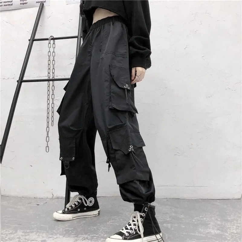 Harem Pants Women Cargo Pants Side Big Pockets Hip Hop Black Elastic Waist Loose Joggers Trousers