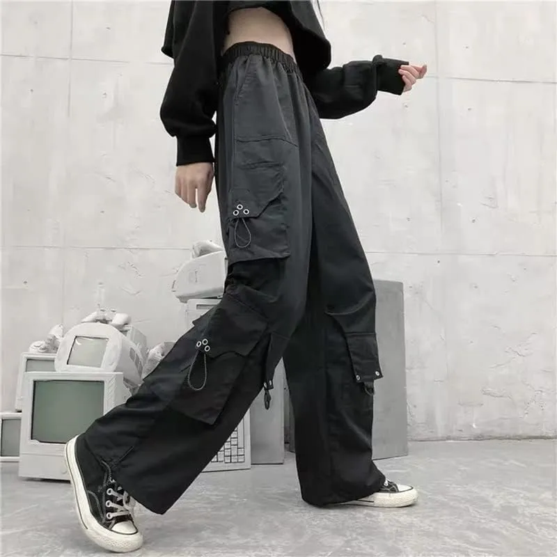 Harem Pants Women Cargo Pants Side Big Pockets Hip Hop Black Elastic Waist Loose Joggers Trousers