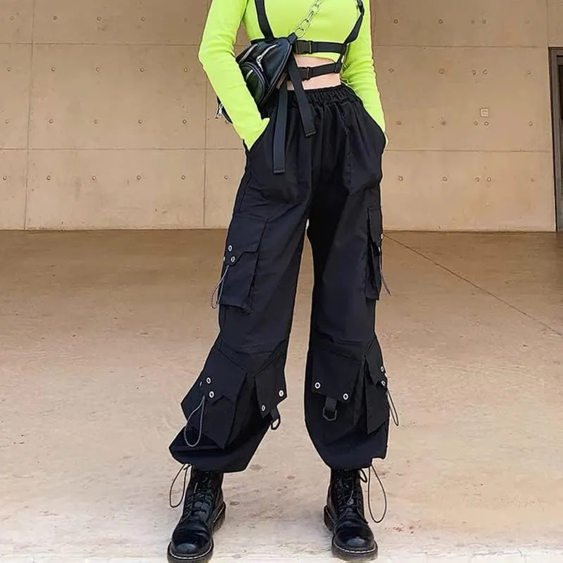 Harem Pants Women Cargo Pants Side Big Pockets Hip Hop Black Elastic Waist Loose Joggers Trousers